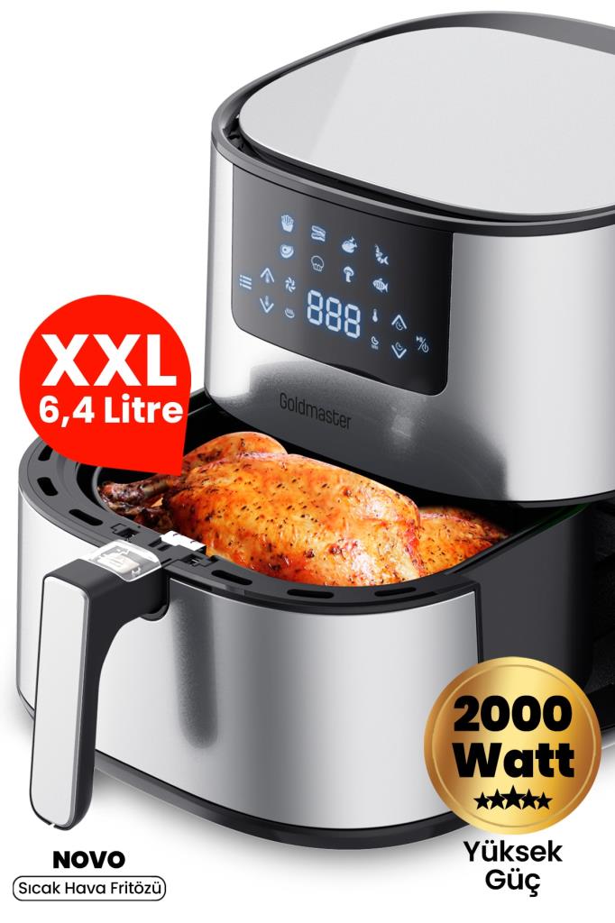 Goldmaster Novo 2000 Watt Yüksek Güç 6,4 Litre Inox Geniş Xxl Dokunmatik Airfryer Yağsız Sıcak Hava Fritözü